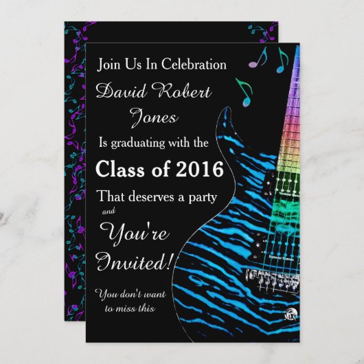 Turquoise Blue Guitar Afstuderen Invitation Kaart (Voorkant / Achterkant)