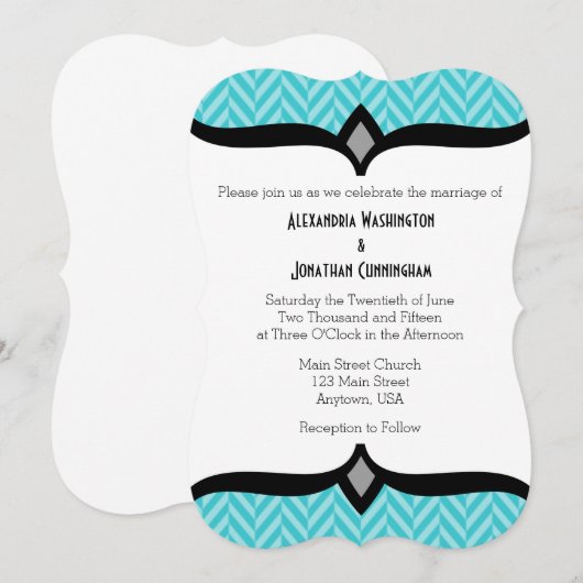 Turquoise Blue Herringbone Wedding Invitation Kaart (Voorkant / Achterkant)