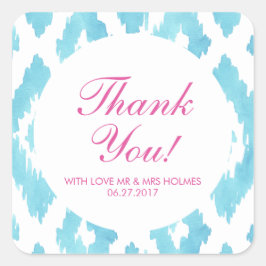 Turquoise Blue Ikat Dank u Vierkante Sticker