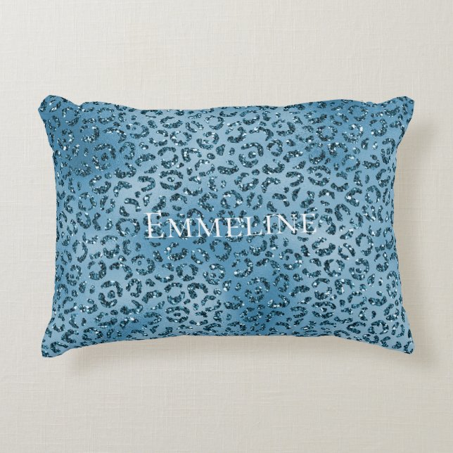 Turquoise Blue Leopard Print Glitter       Accent Kussen (Voorkant)