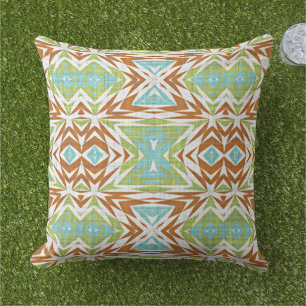 Turquoise Blue Lime Green Oranje White Tribal Art Buitenkussen