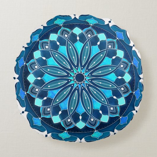 Turquoise Blue Mandala Rond Kussen (Voorkant)