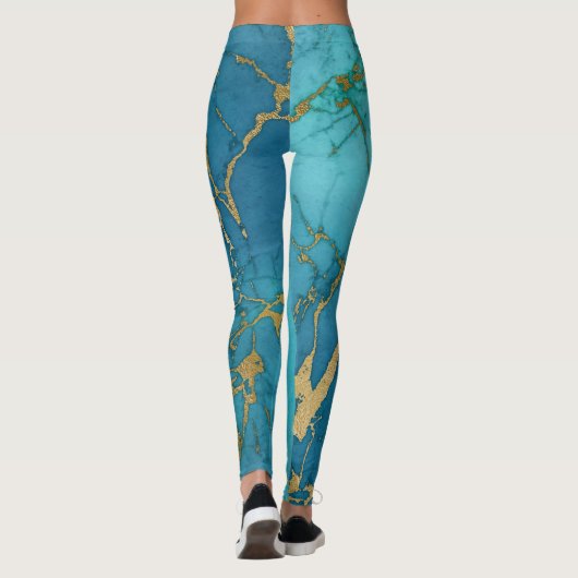 Turquoise Blue Marble Gold Metallic Stone Leggings (Achterkant)