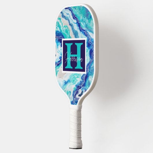 Turquoise Blue Marble Monogram Name Persoonlijk Pickleball Paddle (Links)