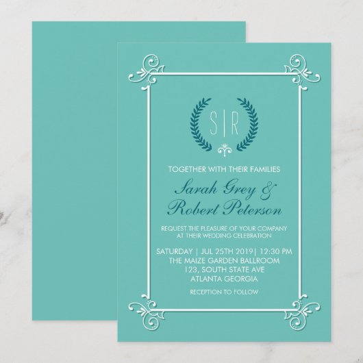 Turquoise Blue  Medieval Wedding Invitation Kaart (Voorkant / Achterkant)