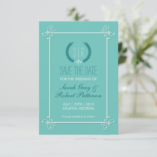 Turquoise Blue Medieval Wedding Save the Date Kaar (Staand voorkant)