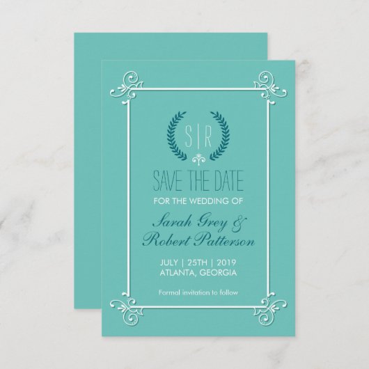 Turquoise Blue Medieval Wedding Save the Date Kaar (Voorkant / Achterkant)