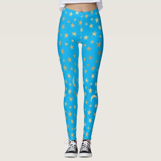 Turquoise Blue met goudoliestars en moons Leggings (Voorkant)