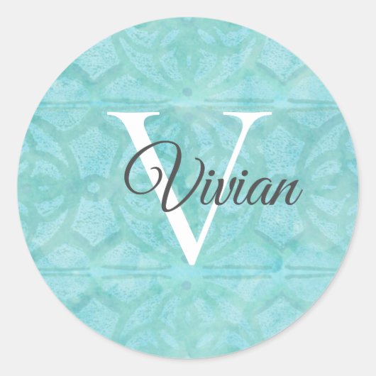 Turquoise Blue met witte monogram naam Ronde Sticker (Voorkant)