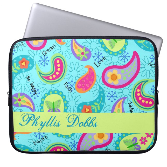 Turquoise Blue Modern Paisley Graphic Pattern Laptop Sleeve (Voorkant)