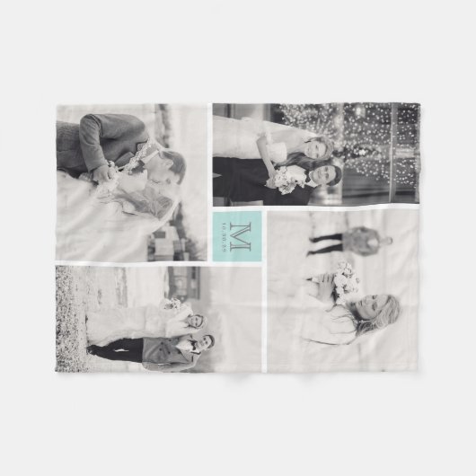 Turquoise Blue Monogram 4 Foto Collage Wedding Fleece Deken (Voorkant (Horizontaal))