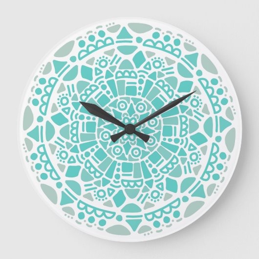Turquoise Blue Mosaic Fresh White Boho Mandala Grote Klok (Voorkant)