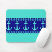 Turquoise Blue Nautical Anchor Coastal Stripes Muismat (Met muis)