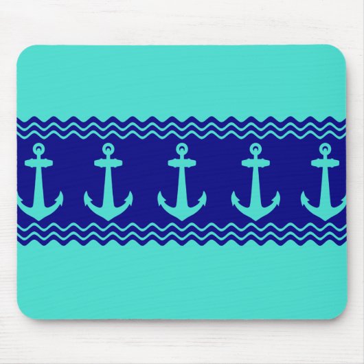 Turquoise Blue Nautical Anchor Coastal Stripes Muismat (Voorkant)