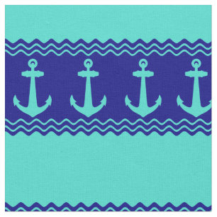 Turquoise Blue Nautical Anchor Coastal Stripes Stof