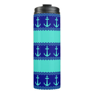 Turquoise Blue Nautical Anchor Coastal Stripes Thermosbeker