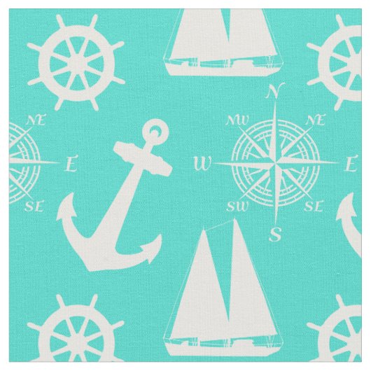 Turquoise Blue Nautical Pattern Stof (Close Up)