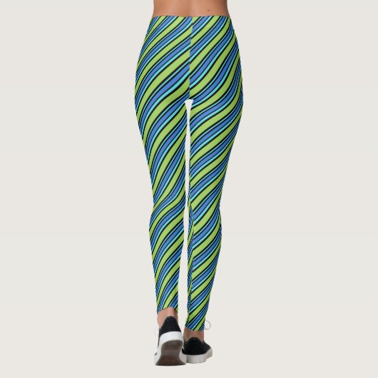 Turquoise Blue Neon Green Black Diagonal Stripes Leggings (Achterkant)