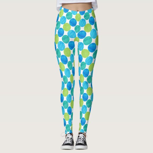 Turquoise Blue Neon Green Jumbo Polka Dots Leggings (Voorkant)