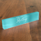 Turquoise Blue Ombre Folie Modern Brush Script Naambordje (Zijkant)
