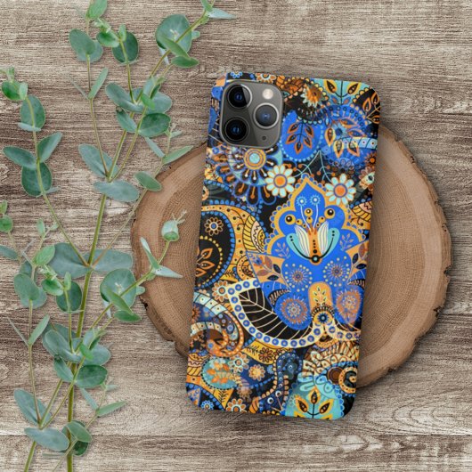 Turquoise Blue Orange Black Paisley Floral Art iPhone Hoesje