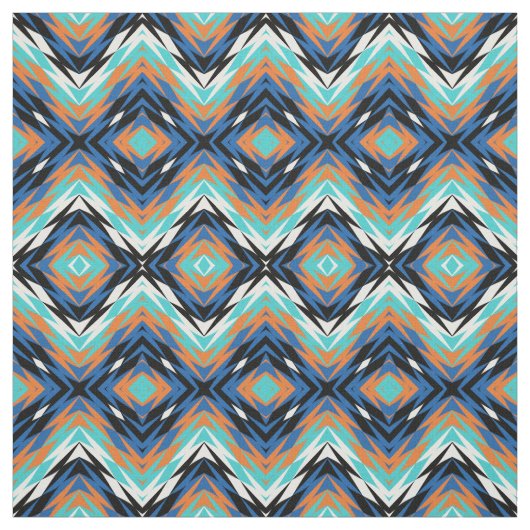 Turquoise Blue Oranje Black Aztec Mosaic Pattern Stof (Swatch)