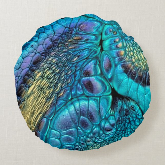 Turquoise blue paars gold Dragon skin Abstract Rond Kussen (Achterkant)
