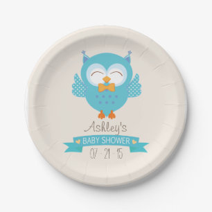 Turquoise Blue & Paarse Boy Owl Baby shower Papieren Bordje