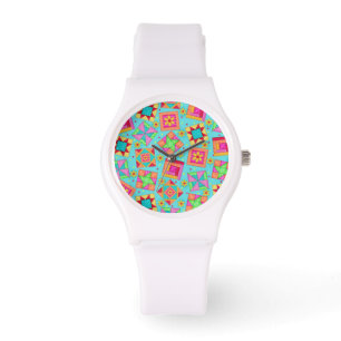 Turquoise Blue Patchwork Quilt Art Blocks Horloge