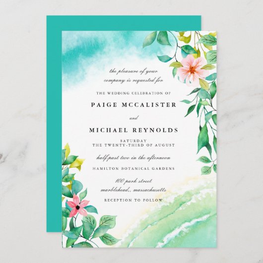 Turquoise Blue Pink Floral Botanical Wedding Kaart (Voorkant / Achterkant)