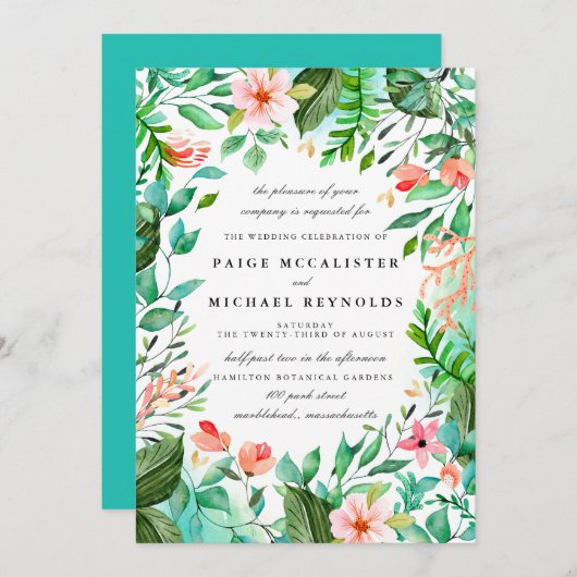 Turquoise Blue Pink Floral Botanical Wedding Kaart (Voorkant / Achterkant)