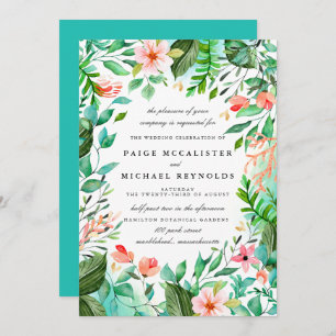 Turquoise Blue Pink Floral Botanical Wedding Kaart