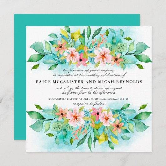 Turquoise Blue Pink Floral Botanical Wedding Kaart (Voorkant / Achterkant)