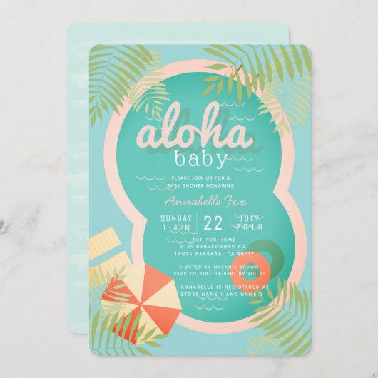 Turquoise Blue Pool Aloha Baby shower Uitnodiging (Voorkant / Achterkant)