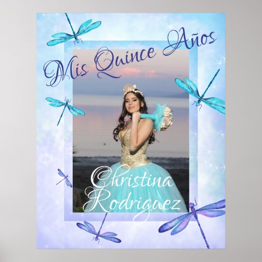 Turquoise & Blue Quinceañera Poster w/ Dragonflies (Voorkant)