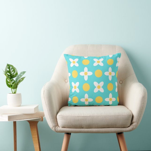 Turquoise Blue Retro Bloemenpatroon Kussen (Stoel)