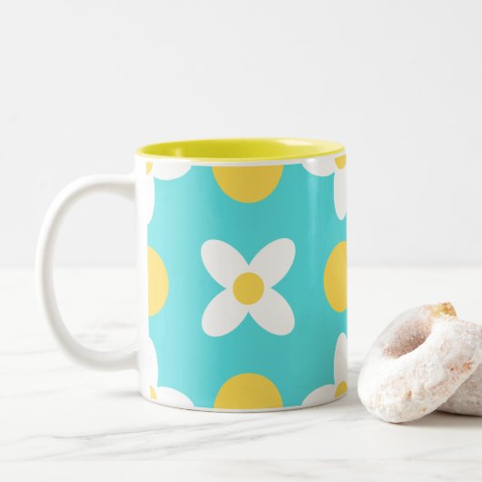 Turquoise Blue Retro Bloemenpatroon Tweekleurige Koffiemok (Met donut)