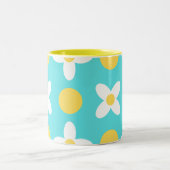 Turquoise Blue Retro Bloemenpatroon Tweekleurige Koffiemok (Center)