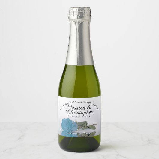 Turquoise Blue Roos Classy Wedding Bedankt Mini Sparkling Wijnetiket (Voorkant)