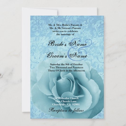 Turquoise Blue Roos en Damask Wedding Kaart (Voorkant)