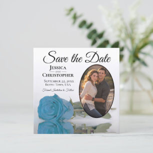 Turquoise Blue Roos op White Oval Photo Wedding Save The Date