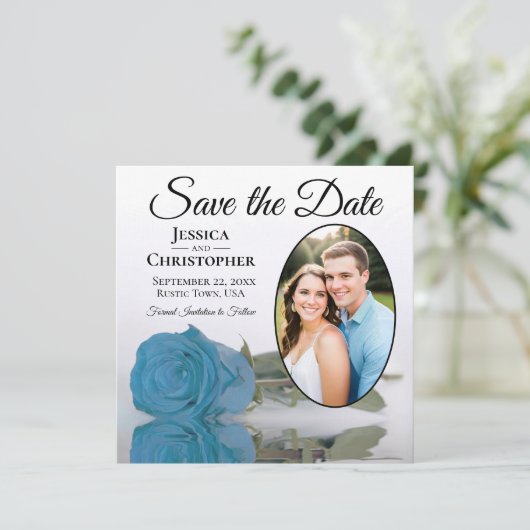 Turquoise Blue Roos op White Oval Photo Wedding Save The Date (Staand voorkant)