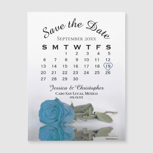 Turquoise Blue Roos Save the Date Calendar Magnet (Voorkant)