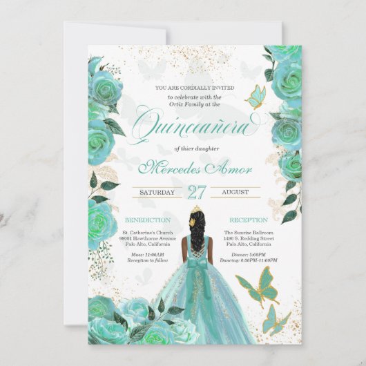 Turquoise Blue Rozen Butterfly Quinceanera Kaart (Voorkant)