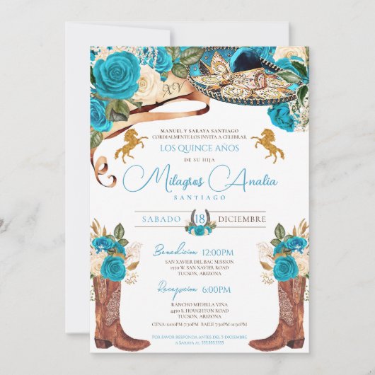 Turquoise Blue Rozen Fancy Charro Quinceanera Kaart (Voorkant)