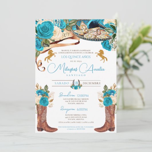 Turquoise Blue Rozen Fancy Charro Quinceanera Kaart (Staand voorkant)