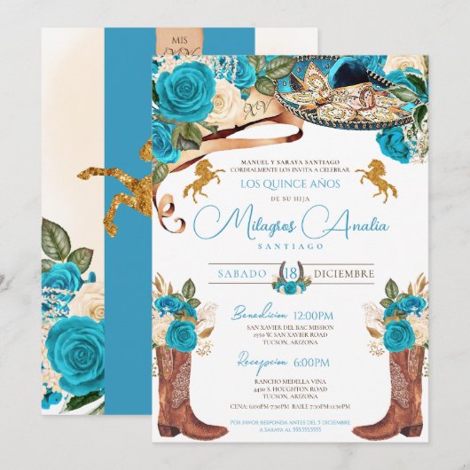 Turquoise Blue Rozen Fancy Charro Quinceanera Kaart (Voorkant / Achterkant)
