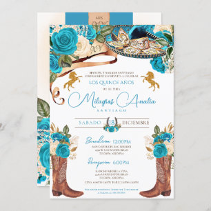 Turquoise Blue Rozen Fancy Charro Quinceanera Kaart