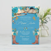 Turquoise Blue Rozen Fancy Charro Quinceañera Kaart (Staand voorkant)