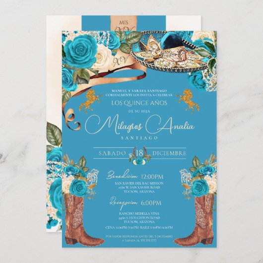 Turquoise Blue Rozen Fancy Charro Quinceañera Kaart (Voorkant / Achterkant)